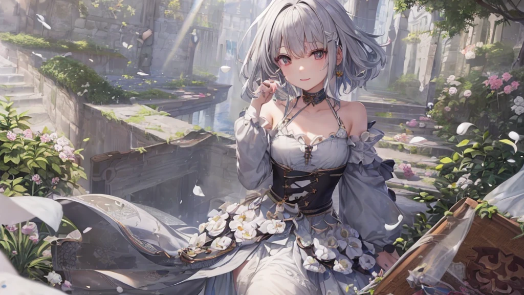 Ultra HD,Look at the viewers, Put your hands behind your back, With a girl, 20-year-old, 非常にShort Hair, Long bangs between the eyes, Pale blue eyes, Very detailed,(masterpiece、Highest quality),Gray Hair、Laughter、Fantastic, Silver Hair, Iris, Short hair、 Fluttering Hair、Small Face、明るいsmile、(Detailed face) ,Professional Lighting,Wonderful landscape,blue sky, sunlight,Looking down from above,Portraiture、Open your mouth、Flower Field、Her eyes were shining、Mysterious and enchanting atmosphere。With AI Painting、とてもShort Hair, Long bangs between the eyes, Very detailed,(masterpiece、Highest quality)、alone、Gray Hair、Fantasy, Silver Hair, Fantasyな風景、smile、Open your mouth、short hair、Short Hair、hairpin、black eye、Grey Eyes、Beautiful Eyes、Black Shirt、White hoodie