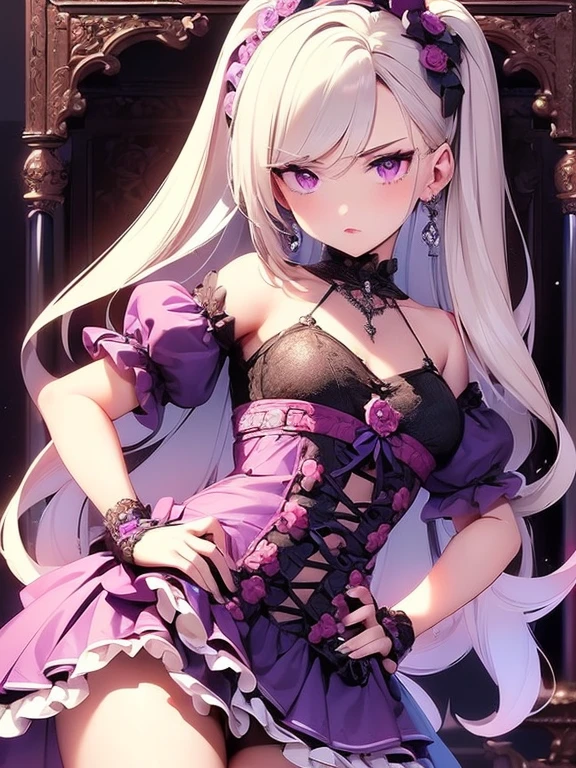 ((Highest quality)), ((masterpiece)), (detailed), Perfect Face, Perfect Arms, Perfect hands, Perfect Fingers, anime, Ultra-fine illustration, (One girl), cute, (Put your hands behind your back:1.3), Gray Hair, Side bank hair with earrings, Purple Eyes, Gothic Lolita, Pink lipstick, Medium chest, looking at the camera, Cowboy Shot, No background,