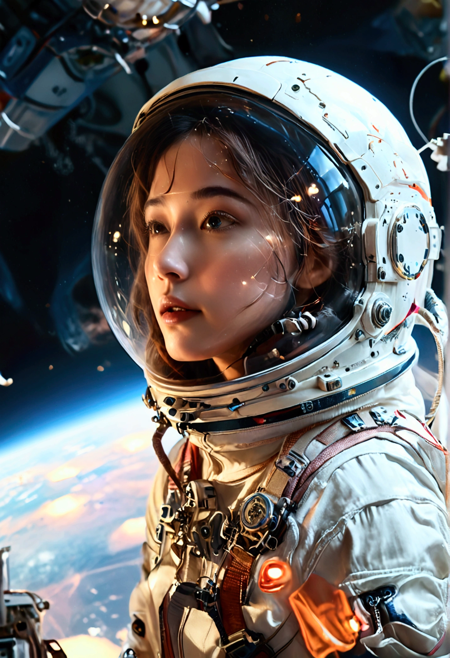 Young female astronaut with a beautiful face in a helmet, professional astronaut floating in zero gravity_full body shot in mid-air low angle, Earth with detailed details in the background, dreamy and surreal atmosphere, volumetric lighting, soft cinematic lighting, very Detailed 8K, realistic, complex and mysterious space backgrounds,