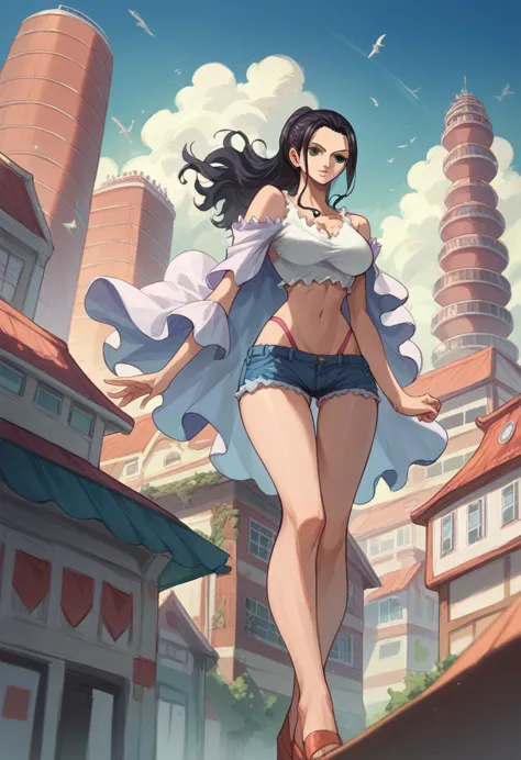 art by eiichirio oda, 1girl, nico robin, standing on a tall building's rooftop, wearing a white party dress, crop shoulder, thig...