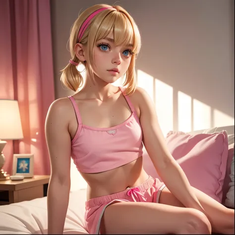 1girl, skinny teenager, short blonde hair, pigtails, bangs, small waist, pink crop top, tight cotton pajama shorts, sitting on b...