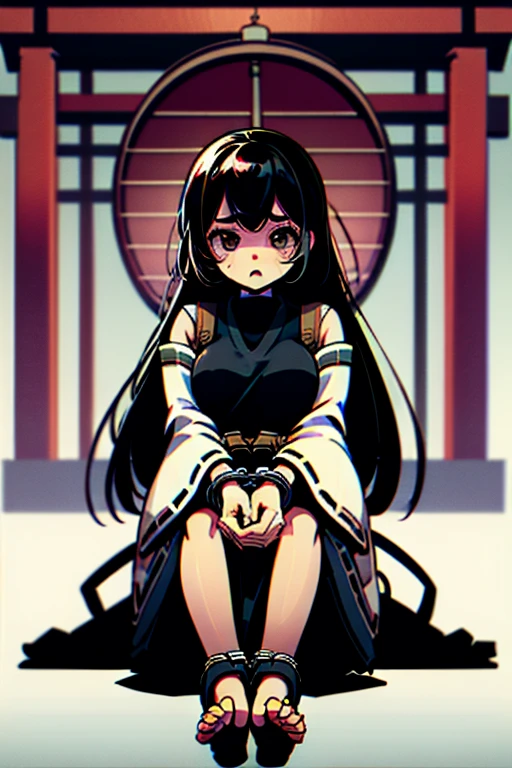 Ultra high quality, ultra high anatomy, 4K, masterpiece, cute, glamor, a short young woman is sitting on a cell floor, black hair, long hair, straight hair, symmetrical bangs, pink eyes, neutral expression, medium breasts, hands are handcuffed, feet are foot cuffed, Japanese shrine maiden outfit, barefoot