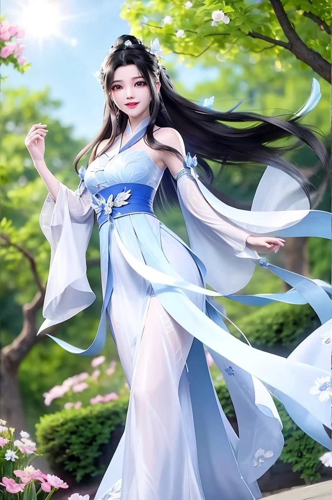 明亮的Sunlight灿烂的公园，1 Girl,Black Hair,Long hair,White Dress，Smile、Jump、laughing out loud、Eyes flicker、hapiness、Energetic、Carefree、Blooming flowers、Butterfly、pal、play、Sunlight