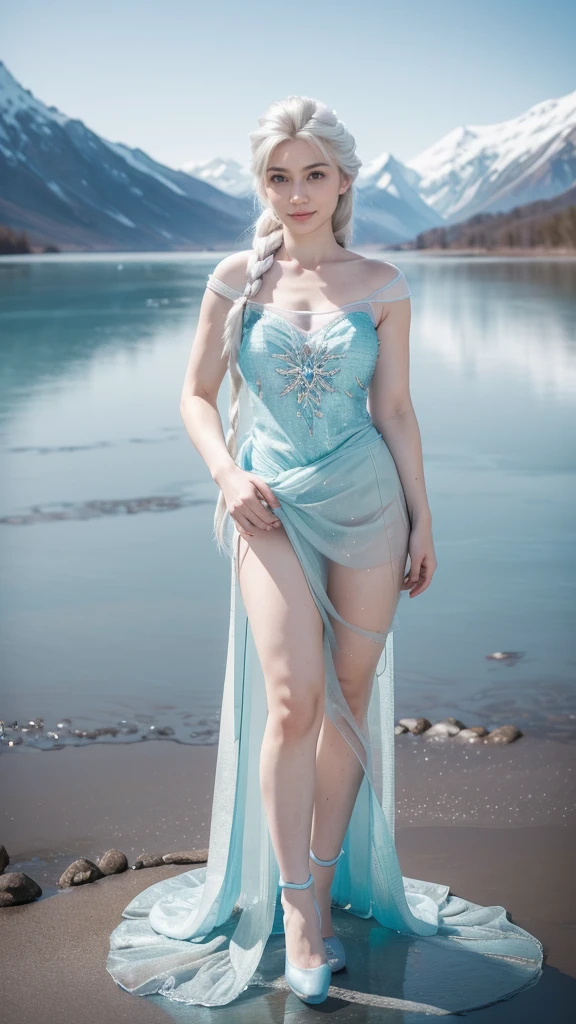 Best quality, masterpiece, 1girl, (Frozen's Elsa cosplay), (Frozen's Elsa costume), fit body, white hair, pale skin, high thighs cleavage, (full body), extremely beautiful, realistic skin texture, posing in the middle, snowy mountains, frozen lake,