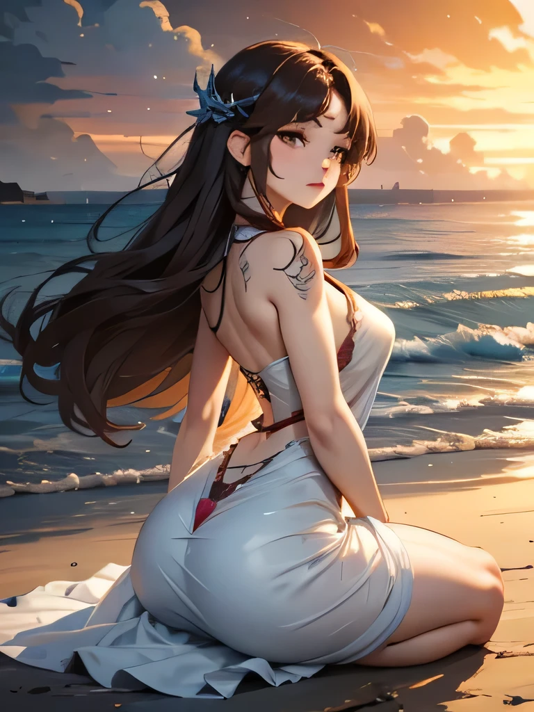 A captivating anime-inspired scene of a stunningly beautiful young woman meditating serenely at the edge of the Atlantic Ocean shore. Her dark brown hair billows gently in the breeze, framing her gracefully arched back and revealing a captivating tattoo. The warm sunset casts a vibrant and magical glow over the surroundings, with a blend of vibrant colors and mysterious elements immersing the viewer in an otherworldly experience. The seductive figure wears a light, semi-transparent flowing dress and a thread-thin thong, highlighting her toned and alluring body. The dark fantasy atmosphere is further enhanced by the enchanting blend of vibrant colors and mysterious elements, transporting the viewer into a mesmerizing world., anime, dark fantasy, vibrant