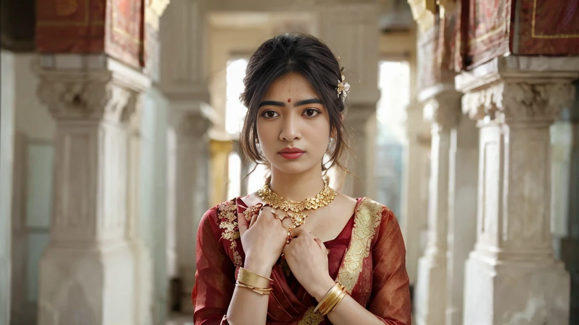 An Indian woman in a vibrant red saree standing gracefully in a Hindu temple, adorned with intricate gold jewelry and jasmine flowers in her hair, sunlight filtering through ancient stone pillars, capturing her serene expression and gentle hand gesture, Photography