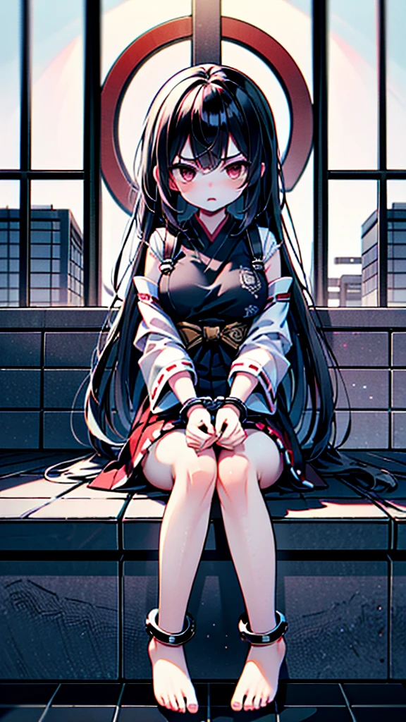 Ultra high quality, ultra high anatomy, 4K, masterpiece, cute, glamor, 1girl, sitting on a prison cell floor, black hair, long hair, straight hair, symmetrical bangs, pink eyes, angry, medium breasts, hands are handcuffed, feet are foot cuffed, red shrine maiden outfit, barefoot