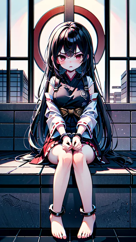 ultra high quality, ultra high anatomy, 4k, masterpiece, cute, glamor, 1girl, sitting on a prison cell floor, black hair, long h...