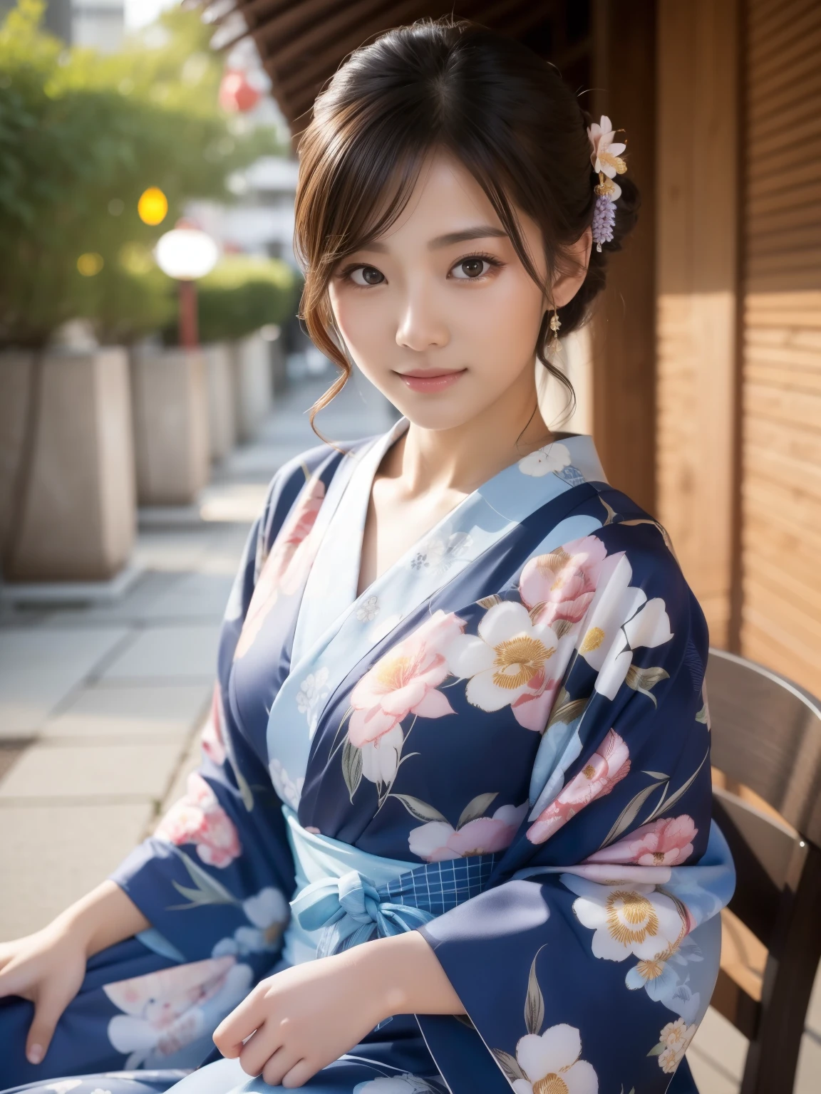 ((Floral Yukata、Dressed neatly))、((Bon dance,Summer festival))、(Straddling a chair),((sexyな笑顔))、((Highest quality)), Realistic, Very detailed, In detail, ((High resolution)), 8k,Japanese women,Beautiful woman,gravure,sexy,Beautiful Skin,Beautiful Eyes,Detailed face,(Glamour),((short hair)),Brunette colored hair,20th Generation,Bust Size 85cm,Neat constriction,(Beautiful Eyes),(Adult),night、Lantern