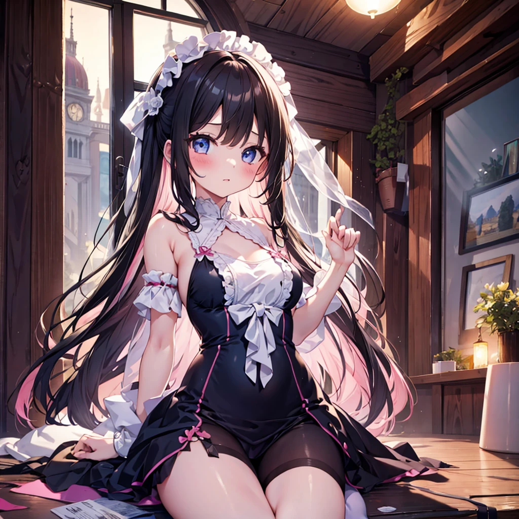 4K,High resolution, (Highly detailed CG,8k,wallpaper)、One five-year-old ,((Young Girl)),((Lori)),(Delicate and slim body),(low length),(Clean detailed eyes),(Beautiful and shapely breasts),（baby doll),(Black Hair,Pink inner color hair)