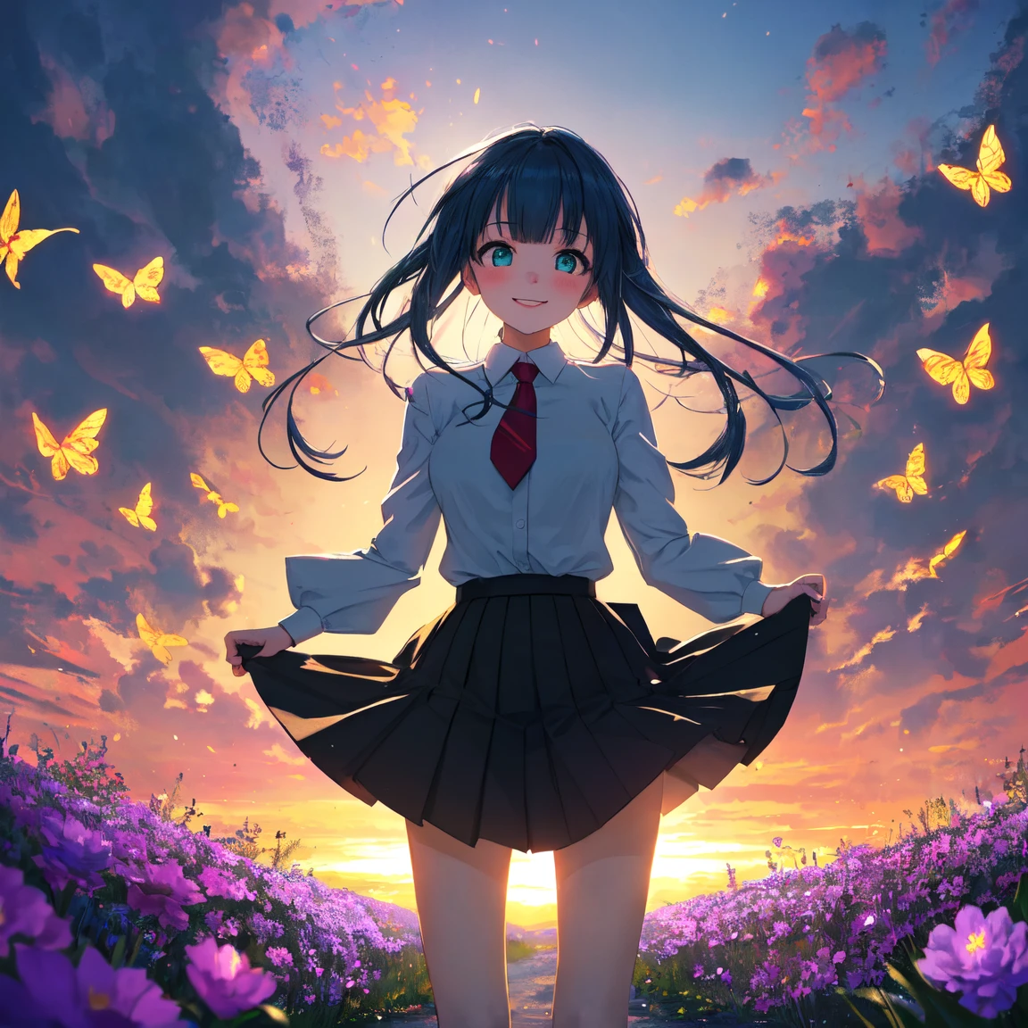 (( best quality, masterpiece, 4k, 8k, 16k, absurdrity, retina)), Ultra-Wide Angle, POV, anime style, 1girl, smile, blunt bangs, drooping eyebrows, aqua eyes, glowing eyes, violet hair, meadow, smile, long white shirt, black flowing pleated skirt, lace-trimmed skirt, black necktie, BREAK looking at viewer, blush, facing shot, sunrise backlighting, cloudy, purple and blue gradient sky, surrounded by glowing butterflies, award winning, vibrant colors, flowers flying, bloom, petals falling, cowboy shot, view from above, dreamy touch