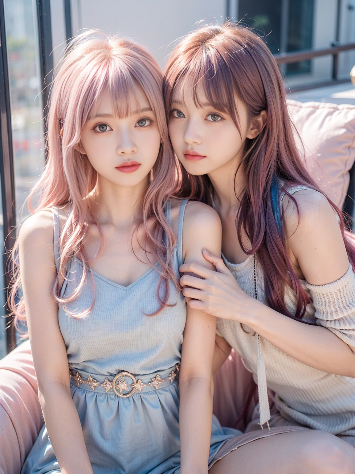 Ai Hoshino, beige pink hair, Blue Hair,Long Hair, favorite , Beautiful, shining eyes, Stars in my eyes, Idol, ２By people, 2 girls, Long pink hair