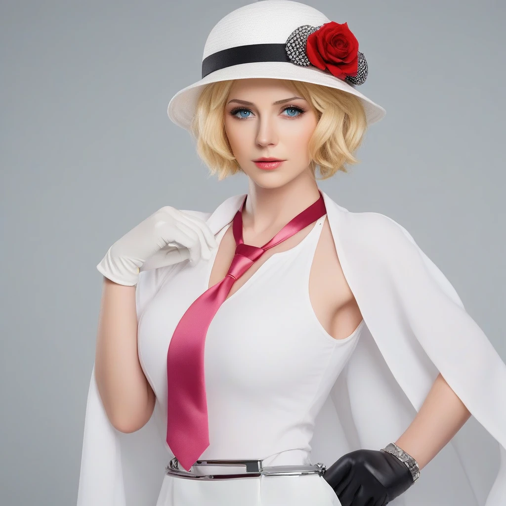 cinematic photo a woman, short blonde hair,  blue eyes, gloves, necktie, white dress, hat flower, handbag, large breast, . 35mm photograph, film, bokeh, professional, 4k, highly detailed,extremely detailed,high definition restrained,police,arrest,restrained,shackles,(((handcuffs, cuffs, upper body, handcuff, bound wrists))),masterpiece, best quality,stussy handcuffs behind her back,2 policewoman.escort in handcuffed.handcuffed behind back.stussy handcuffed,stussy  handcuffed .