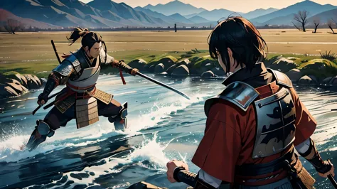 a scene from the duel between takeda shingen and uesugi kenshin、fighting with swords、the background is outdoors、rivers and plain...