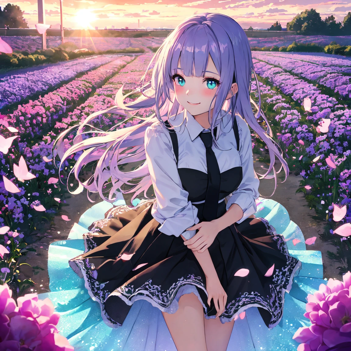 (( best quality, masterpiece, 4k, 8k, 16k, absurdrity, retina, High quality CG, Beautiful CG, Soft Light, Octane Rendering)), Ultra-Wide Angle, POV, anime style, 1girl, smile, blunt bangs, drooping eyebrows, aqua eyes, glowing eyes, violet hair, meadow, smile, long white shirt, black flowing pleated skirt, lace-trimmed skirt, black necktie, BREAK looking at viewer, blush, facing shot, sunrise backlighting, cloudy, purple and blue gradient sky, surrounded by glowing butterflies, award winning, vibrant colors, flowers flying, bloom, petals falling, cowboy shot, view from above, dreamy touch