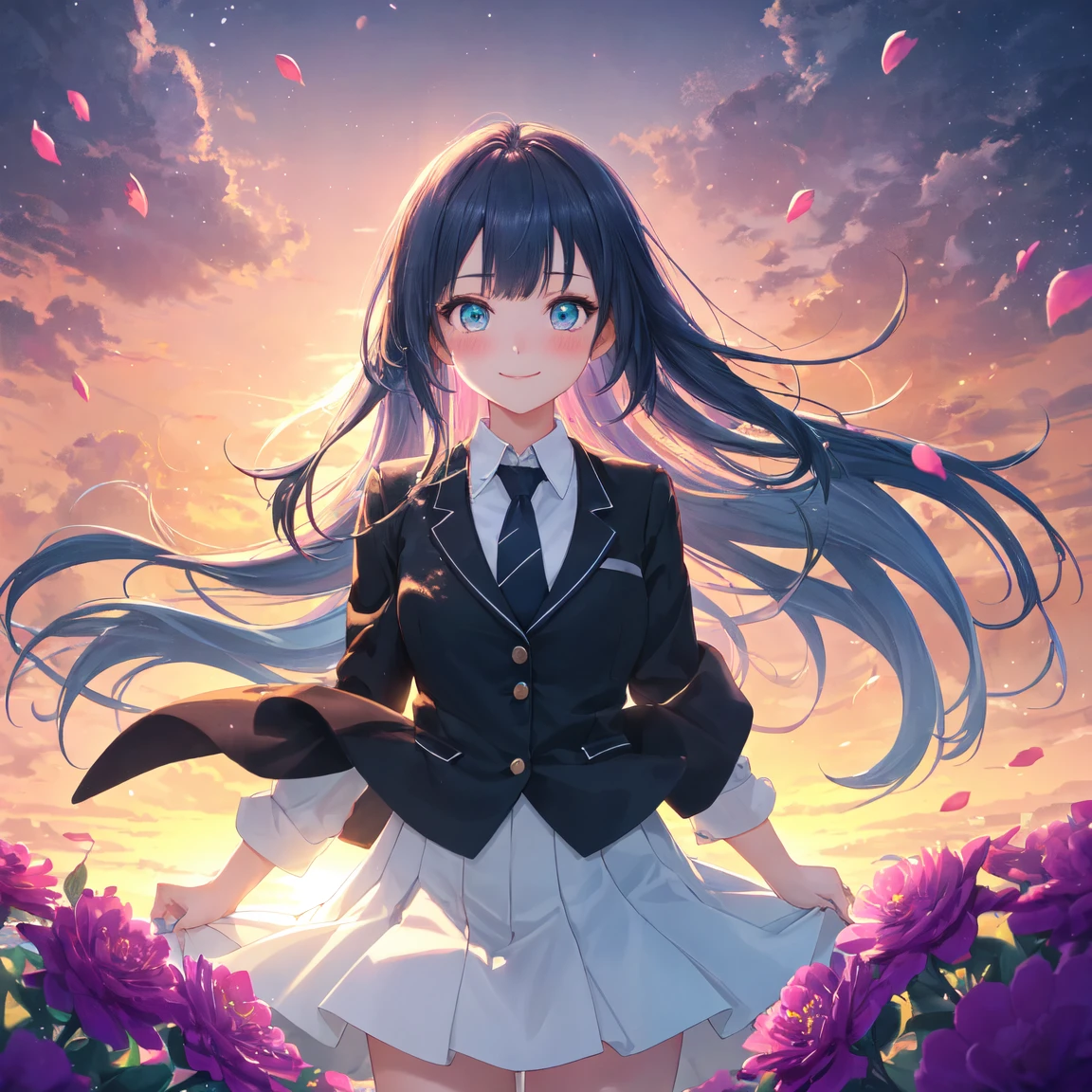 (( best quality, masterpiece, 4k, 8k, 16k, absurdrity, retina, High quality CG, Beautiful CG, Soft Light, Octane Rendering)), Ultra-Wide Angle, POV, anime style, 1girl, smile, blunt bangs, drooping eyebrows, aqua eyes, glowing eyes, violet hair, meadow, smile, long white shirt, black flowing pleated skirt, lace-trimmed skirt, black necktie, BREAK looking at viewer, blush, facing shot, sunrise backlighting, cloudy, purple and blue gradient sky, surrounded by glowing butterflies, award winning, vibrant colors, flowers flying, bloom, petals falling, cowboy shot, view from above, dreamy touch