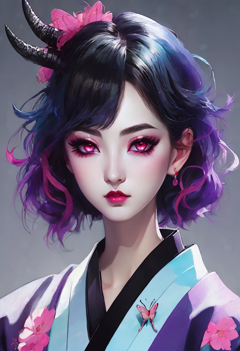 (Highest quality, sketch:1.2),Realistic,Illustrator,anime,1 Girl, Detailed lips,sweater,custom,Pink gradient background,Neon Hair,Texture Cropping,masterpiece, Style: Retro Classic, Dark Black、black and purple hair、Beautiful Book、Blue butterfly hair ornament、Upstyle Hair、Hair is a night ,Scary demon、Black eyes、Horns growing、Japanese demon、Darken the whites of the eyes、wear Kimono、Pure white skin、bright red mouth、Black eyes、Veins are visible、Split mouth