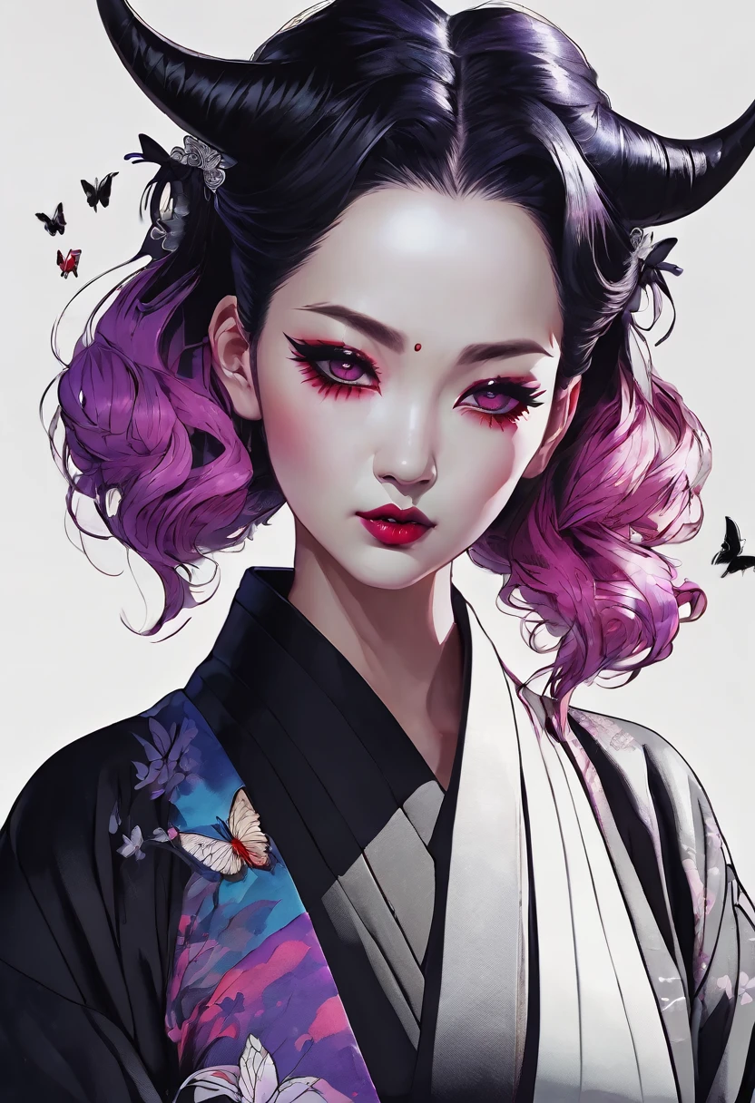 (Highest quality, sketch:1.2),Realistic,Illustrator,anime,1 Girl, Detailed lips,sweater,custom,Pink gradient background,Neon Hair,Texture Cropping,masterpiece, Style: Retro Classic, Dark Black、black and purple hair、Beautiful Book、Blue butterfly hair ornament、Upstyle Hair、Hair is a night ,Scary demon、Black eyes、Horns growing、Japanese demon、Darken the whites of the eyes、wear Kimono、Pure white skin、bright red mouth、Black eyes、Veins are visible、Split mouth