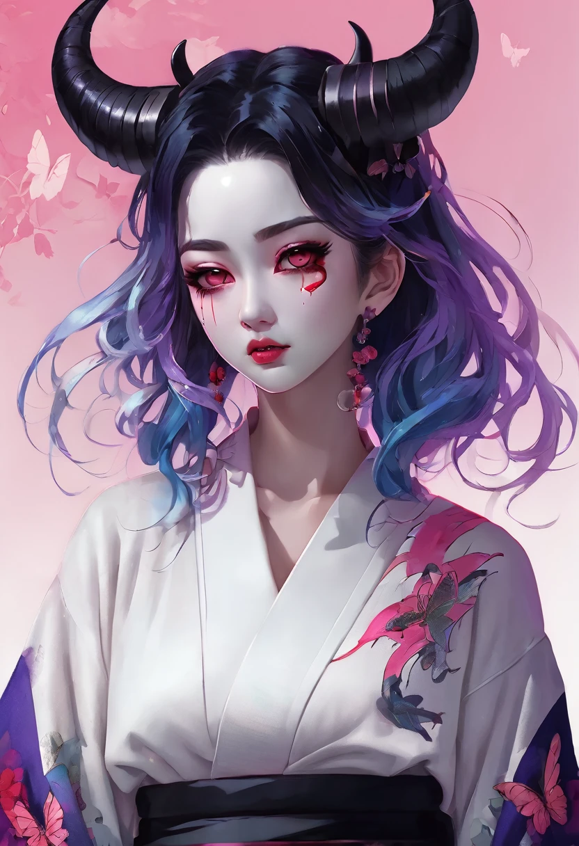 (Highest quality, sketch:1.2),Realistic,Illustrator,anime,1 Girl, Detailed lips,sweater,custom,Pink gradient background,Neon Hair,Texture Cropping,masterpiece, Style: Retro Classic, Dark Black、black and purple hair、Beautiful Book、Blue butterfly hair ornament、Upstyle Hair、Hair is a night ,Scary demon、Black eyes、Horns growing、Japanese demon、Darken the whites of the eyes、wear Kimono、Pure white skin、bright red mouth、Black eyes、Veins are visible、Split mouth、Blood dripping from the mouth