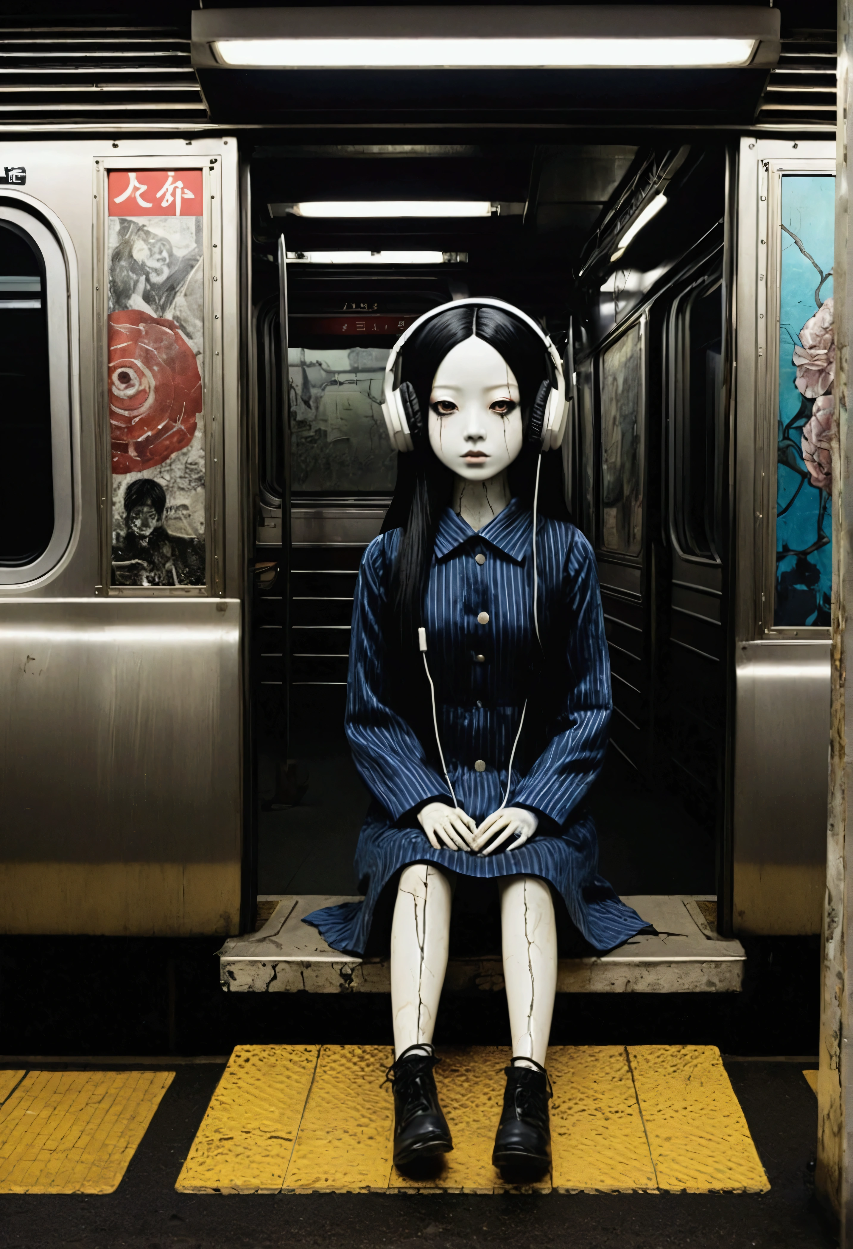 An empty subway platform、dark、darkness、Japanese doll with a cracked face、Headphones、Painting：Junji Ito