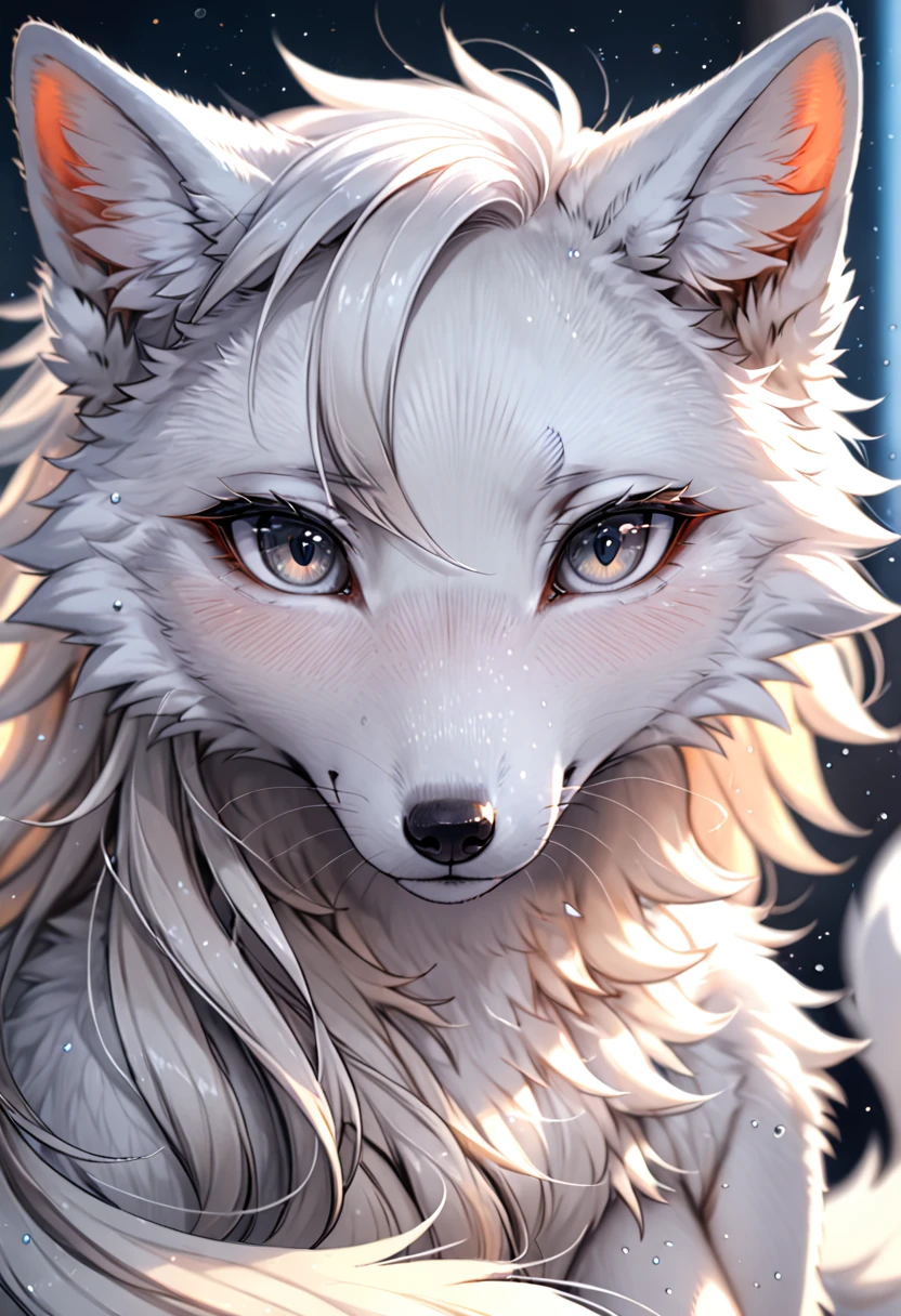 depth of field，Perfect lighting，light particles，（best quality），（superior quality）（masterpiece），（extremely detailed），arctic fox，white fur，white ears，concentrated，sharp eyes，grey eyes，furry，common Arctic fox, white, furry, shirao, long tail, white hair, front, white furry