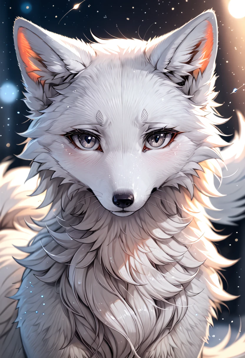 depth of field，Perfect lighting，light particles，（best quality），（superior quality）（masterpiece），（extremely detailed），arctic fox，white fur，white ears，concentrated，sharp eyes，grey eyes，furry，common Arctic fox, white, furry, shirao, long tail, white hair, front, white furry