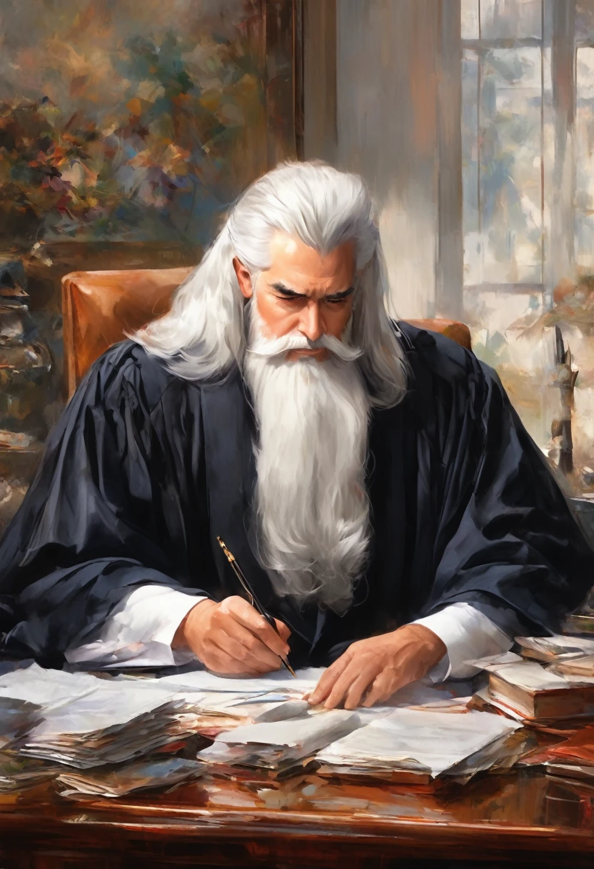  A handsome white-haired lawyer man is correcting documents at the table，An extremely complex and exquisitely detailed masterpiece of scholarly family culture，Best quality thick painting style artistic style perfect composition complex details meticulous art high quality digital oil painting exquisite thick oil painting art painting art master work