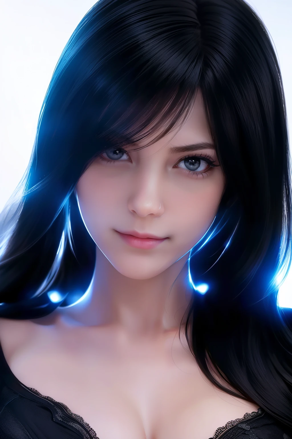 liangbing，masterpiece, best quality, Extremely detailed, Best shadow, Beautiful and delicate face, Beautiful and delicate eyes, High contrast,, 1 Girl, Large Breasts, Bangs, Hair covering one eye, Bare shoulders,, White background:1.3, (Face Focus:1.3, Eye close-up:1.3),
