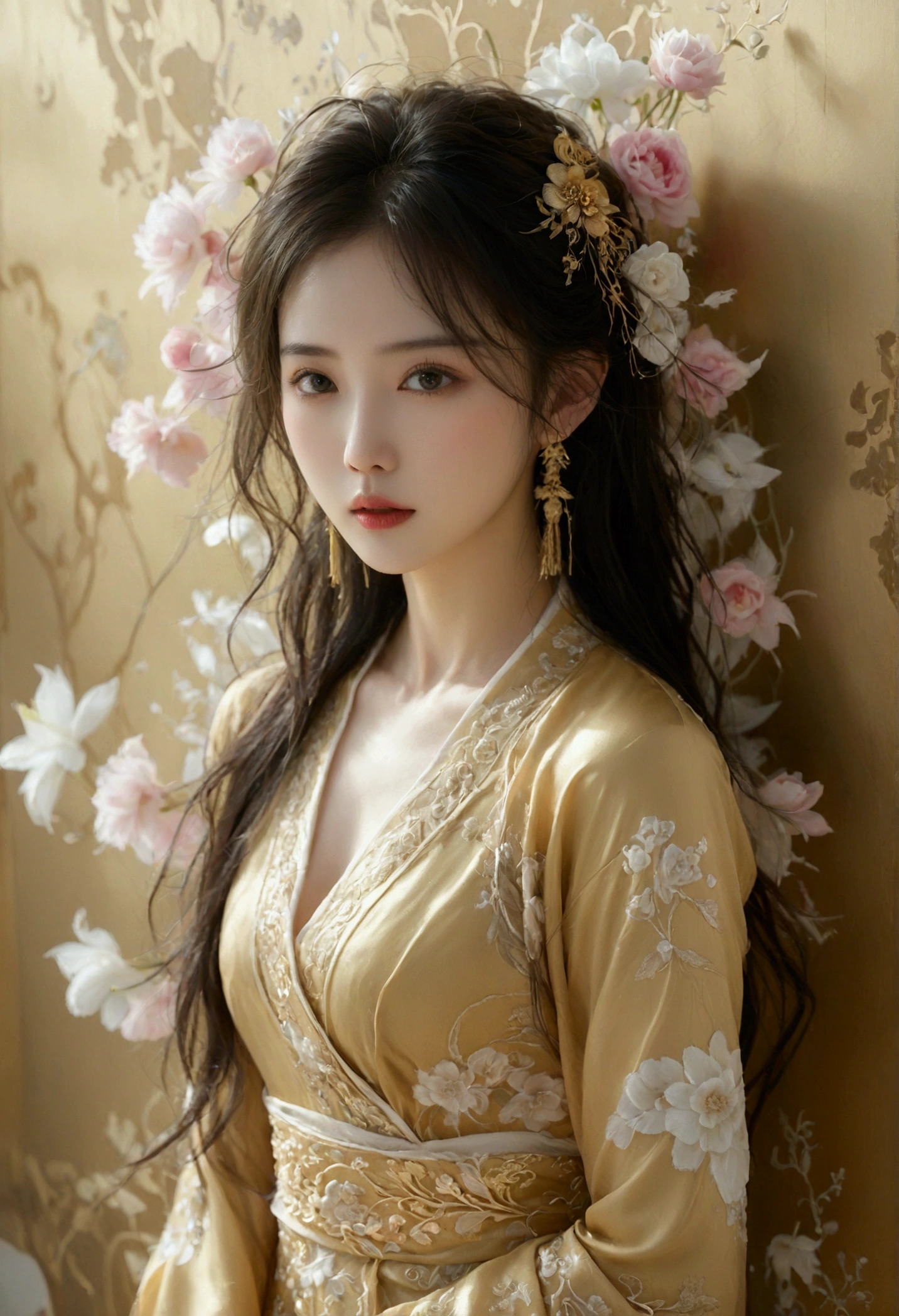 A picture of a very realistic, wide angle, image of a beautiful Thai-Chinese woman, Elegant, smooth silk gold attire, goddess, Thai artistic, Full body shot standing front of soft pastel satin wall, blooming, surreal dreamscape painting by artgerm and greg rutkowski, --c 33 --s 999 --v 6.0 --iw 1.5 --ar 5:8