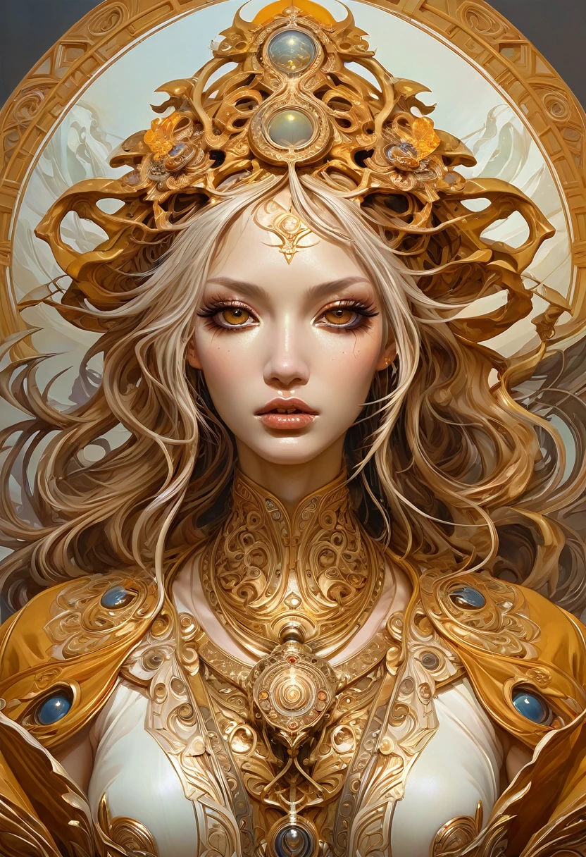 Oráculo del Oasis Ocre, Adoptable, Caníbal, nueva actitud, hermoso rostro femenino, complejidad intrincada, Regla de los tercios, detalles ornamentados impresionantes, al estilo de Peter Mohrbacher, Miho Hirano, detalles ornamentados --ar 9:16