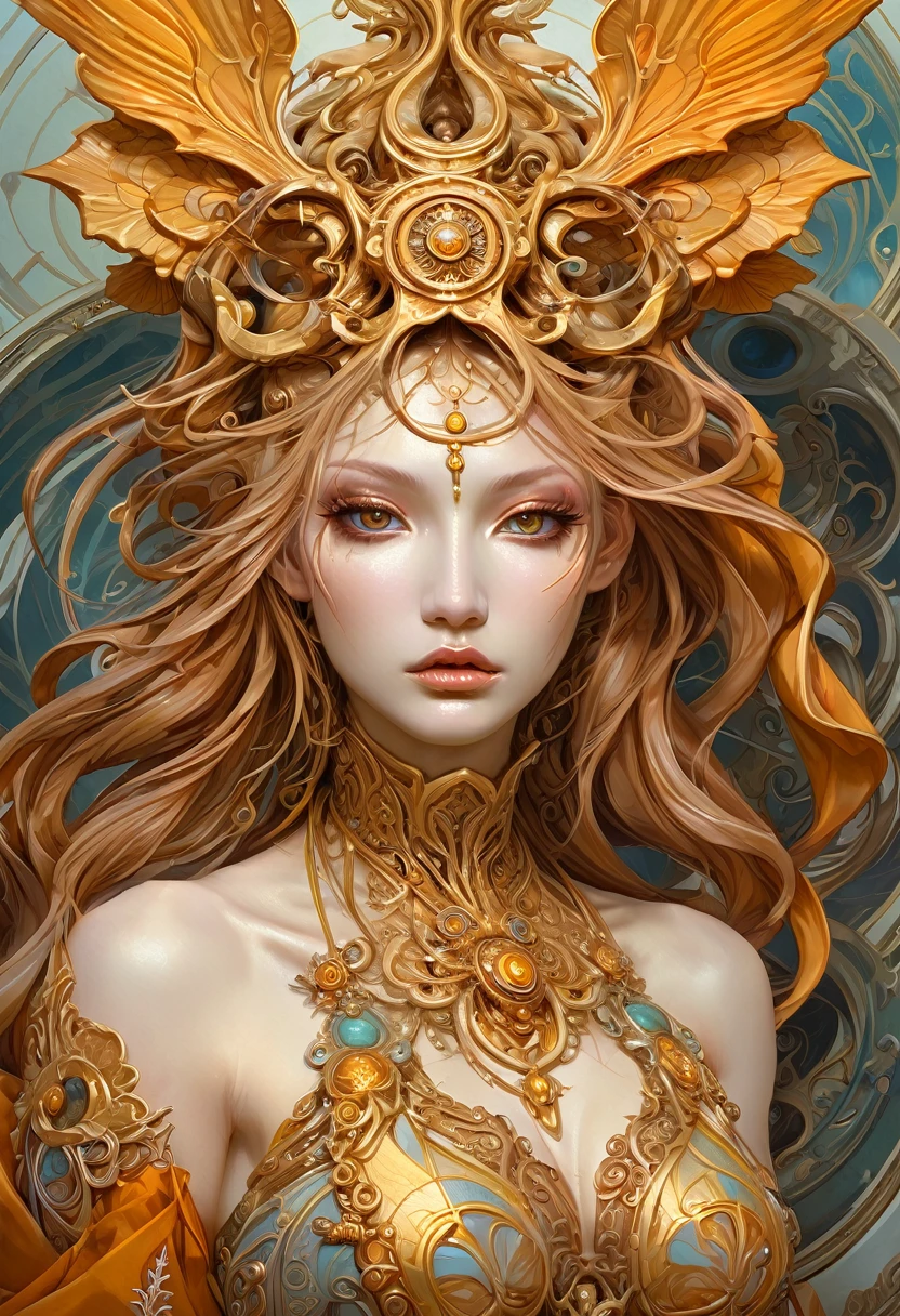 Oráculo del Oasis Ocre, Adoptable, Caníbal, nueva actitud, hermoso rostro femenino, complejidad intrincada, Regla de los tercios, detalles ornamentados impresionantes, al estilo de Peter Mohrbacher, Miho Hirano, detalles ornamentados --ar 9:16