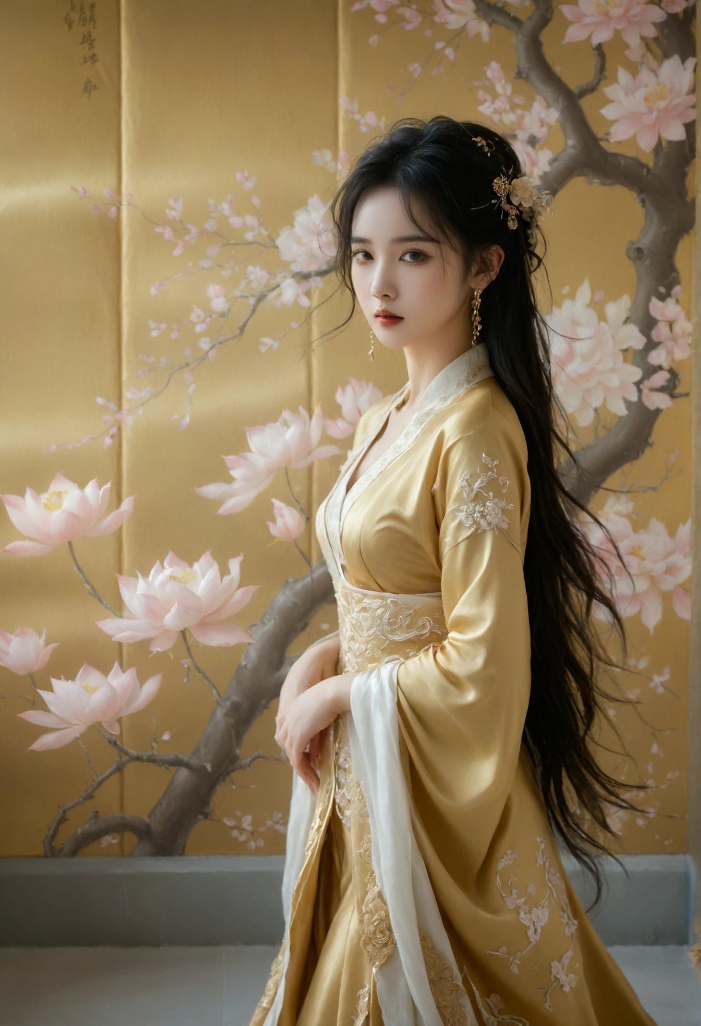 A picture of a very realistic, wide angle, image of a beautiful Thai-Chinese woman, Elegant, smooth silk gold attire, goddess, Thai artistic, Full body shot standing front of soft pastel satin wall, blooming, surreal dreamscape painting --c 33 --s 999 --v 6.0 --iw 1.5 --ar 5:8