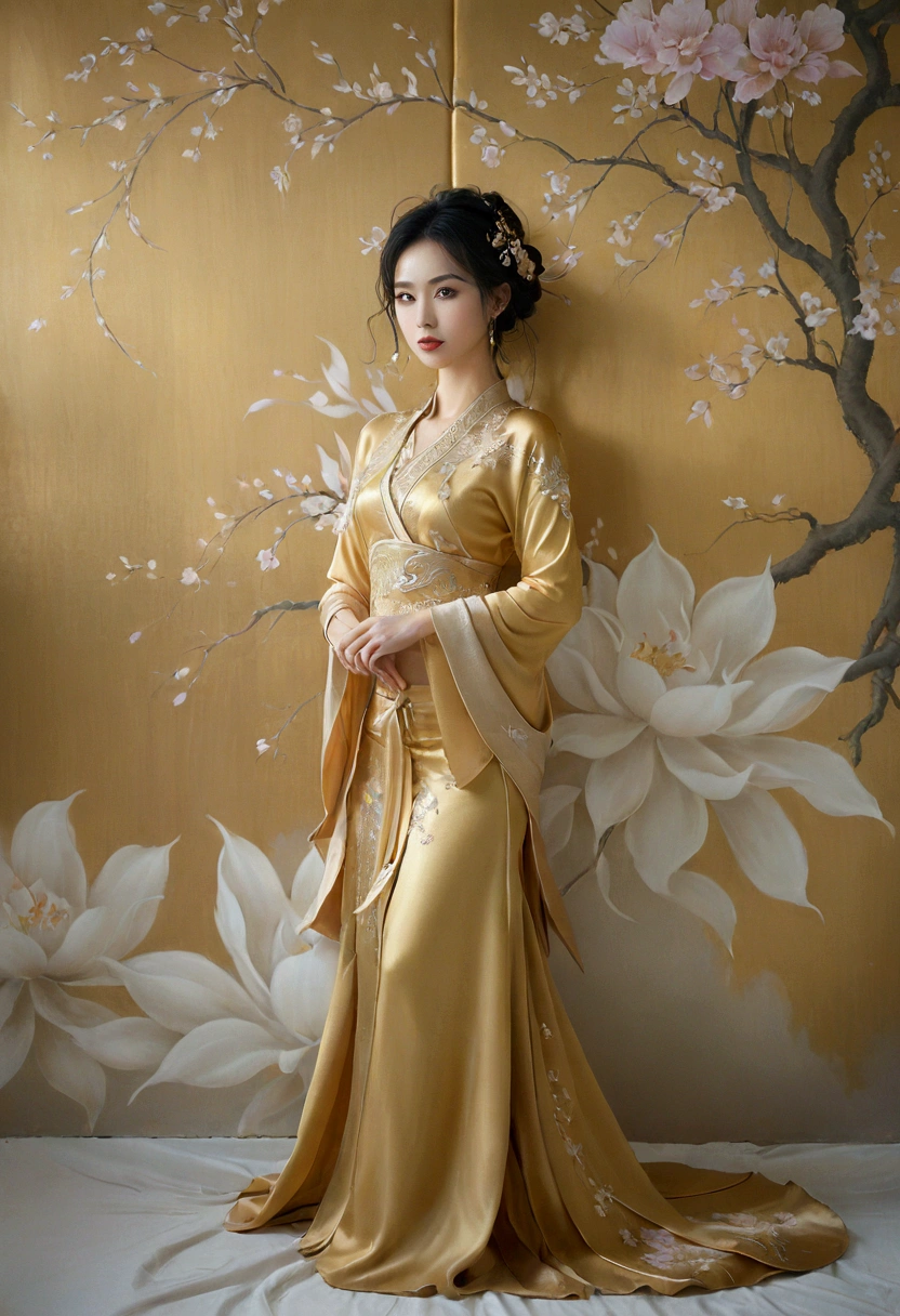 A picture of a very realistic, wide angle, image of a beautiful Thai-Chinese woman, Elegant, smooth silk gold attire, goddess, Thai artistic, Full body shot standing front of soft pastel satin wall, blooming, surreal dreamscape painting --c 33 --s 999 --v 6.0 --iw 1.5 --ar 5:8