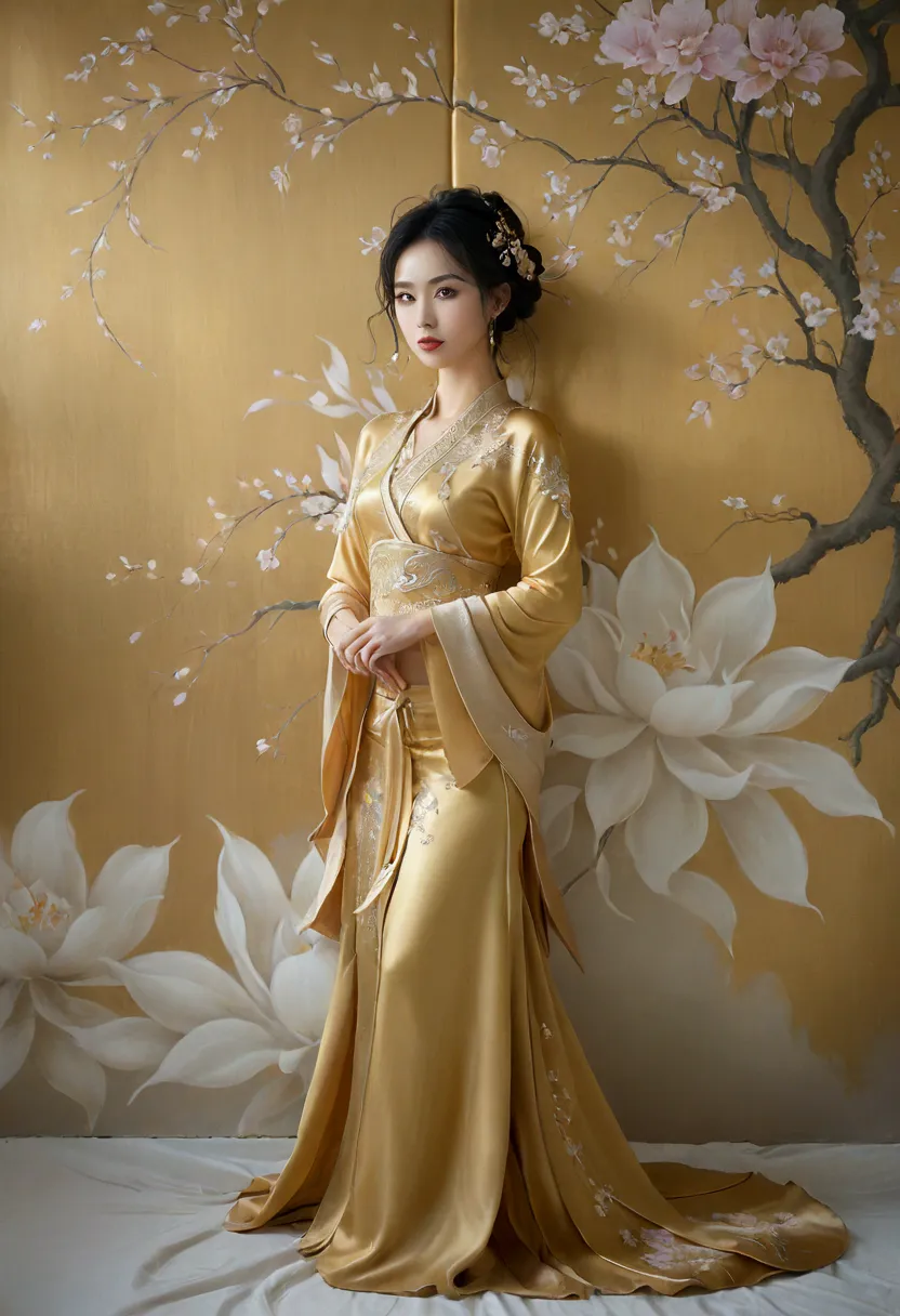 a picture of a very realistic, wide angle, image of a beautiful thai-chinese woman, elegant, smooth silk gold attire, goddess, t...