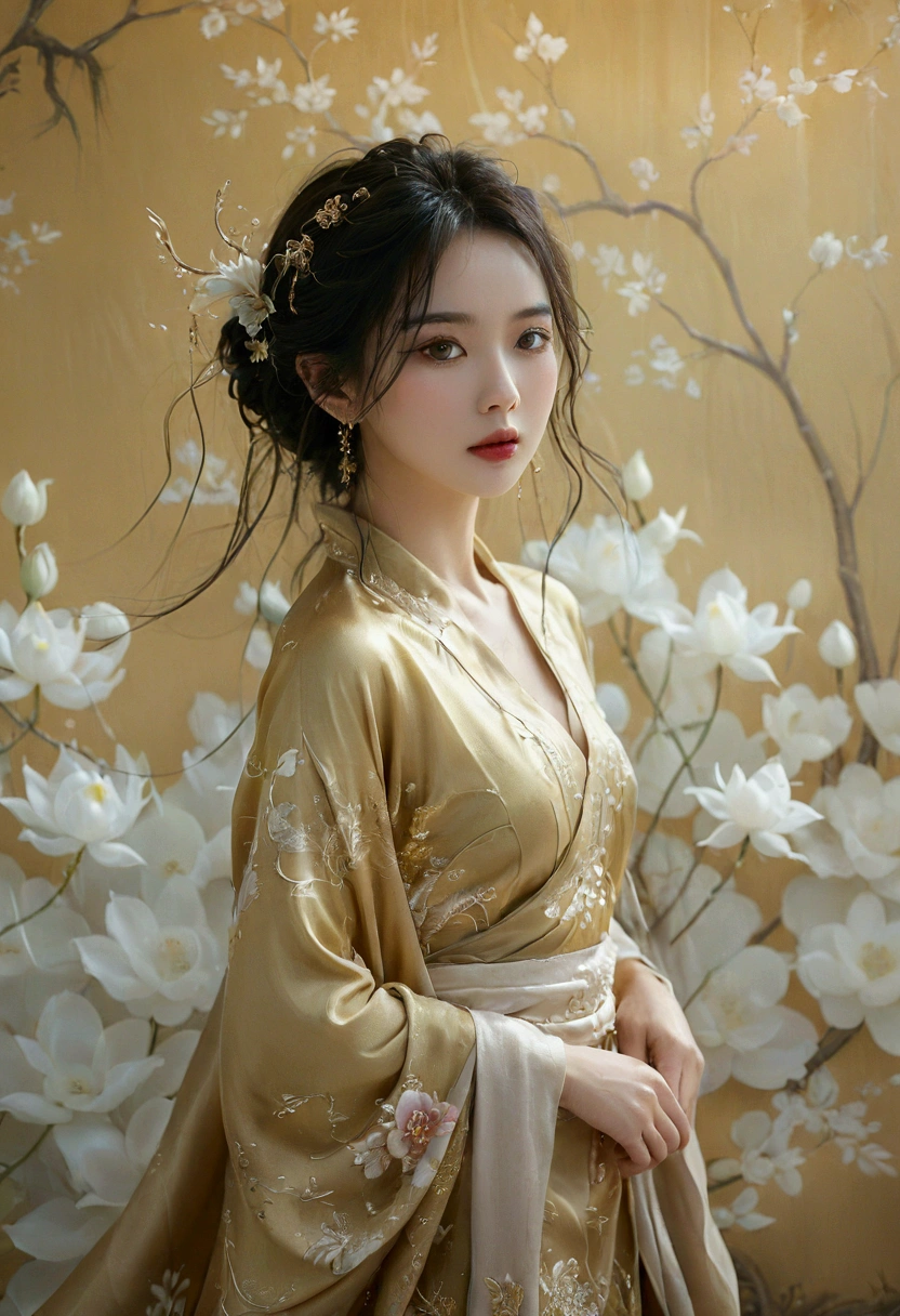 A picture of a very realistic, wide angle, image of a beautiful Thai-Chinese woman, Elegant, smooth silk gold attire, goddess, Thai artistic, Full body shot standing front of soft pastel satin wall, blooming, surreal dreamscape painting --c 33 --s 999 --v 6.0 --iw 1.5 --ar 5:8