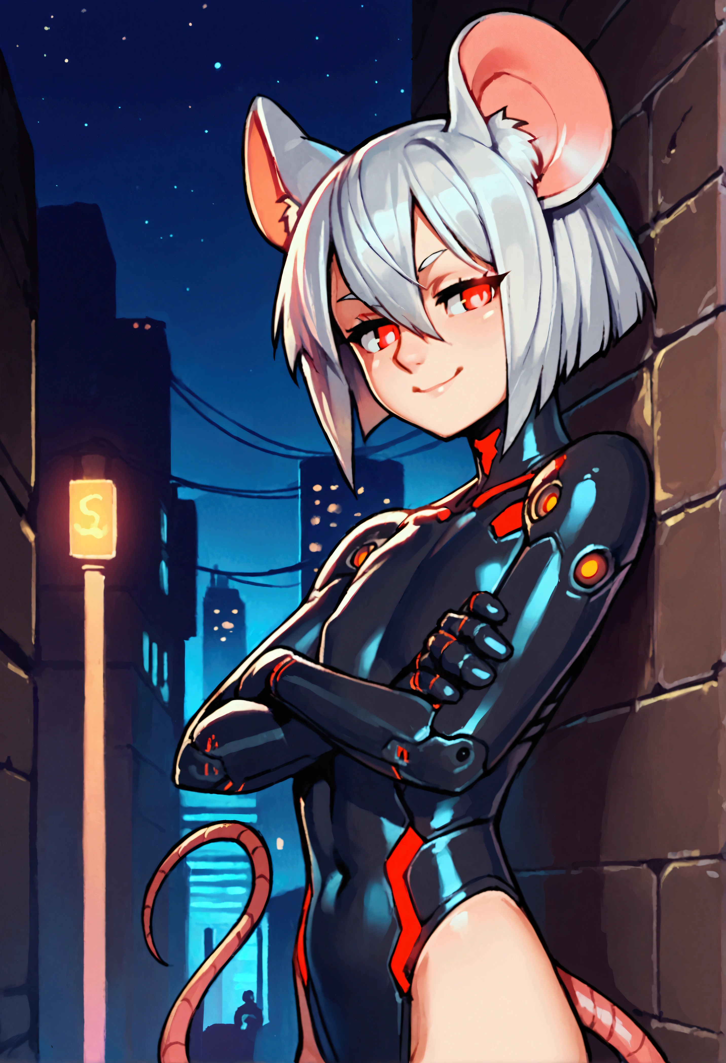 score_9, score_8_up, score_7_up, score_6_up, score_5_up, score_4_up, source_anime, outside, cyberpunk, city, night, sky, neon lights, cityscape, alley, side view, close-up, (hair between eyes:1.1), red eyes, half-closed eyes, smile, looking at viewer, solo, female, humanoid, mouse humanoid, tail, bob cut, silver hair, flat chested, black bodysuit, cybernetic arms, glowing, standing, against wall, crossed arms, robot features 