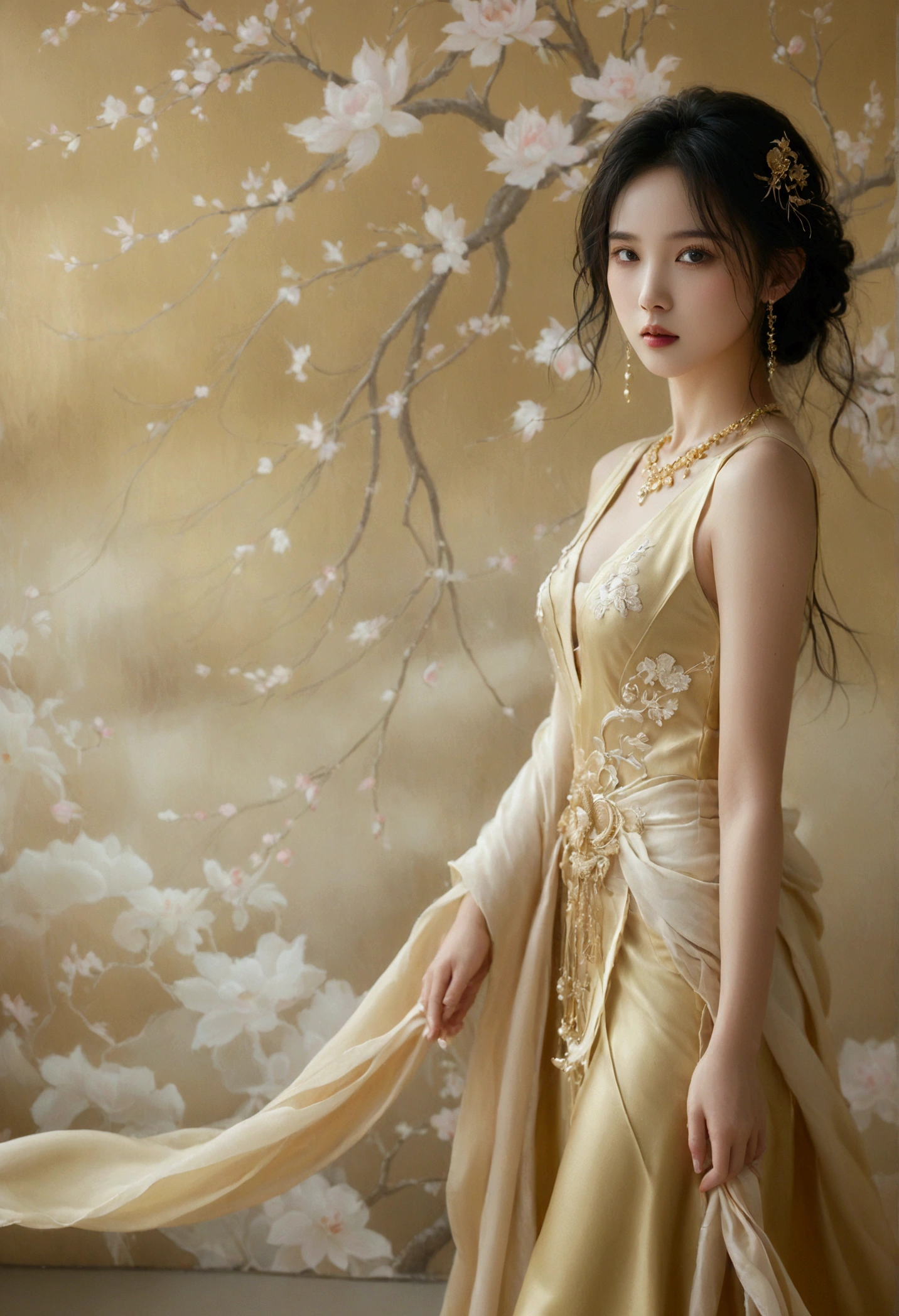 A picture of a very realistic, image of a beautiful Thai-Chinese woman, Elegantism, Art deco-inspired, jewelry design, smooth silk gold attire, goddess, Thai artistic, Full body shot standing front of soft pastel satin wall, blooming, surreal dreamscape painting --c 33 --s 999 --v 6.0 --iw 1.5 --ar 5:8