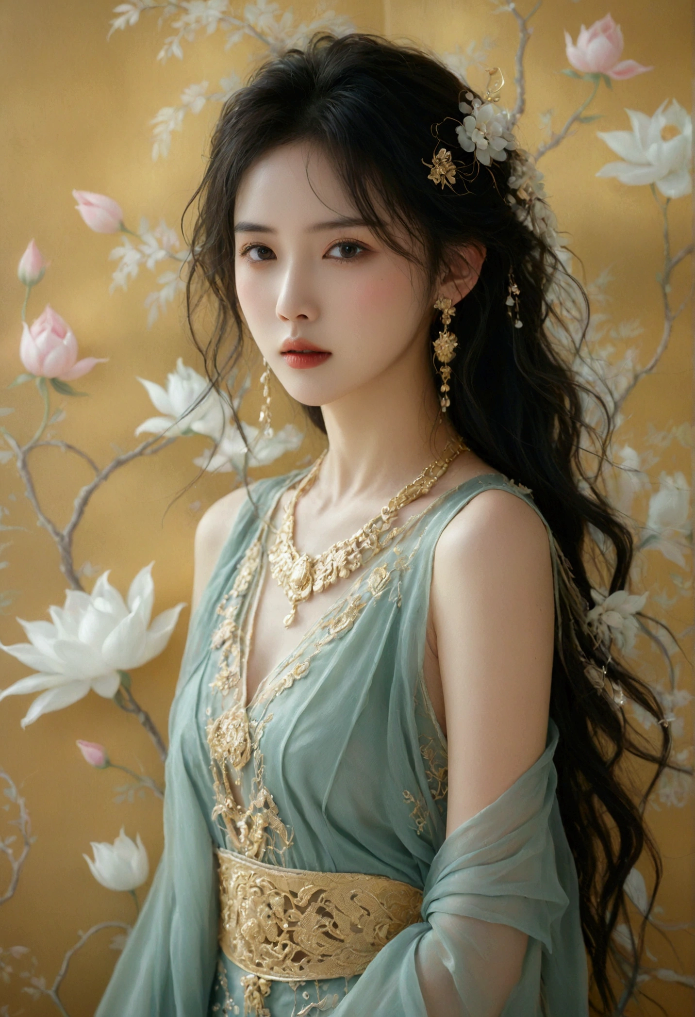 A picture of a very realistic, image of a beautiful Thai-Chinese woman, Elegantism, Art deco-inspired, jewelry design, smooth silk gold attire, goddess, Thai artistic, Full body shot standing front of soft pastel satin wall, blooming, surreal dreamscape painting --c 33 --s 999 --v 6.0 --iw 1.5 --ar 5:8