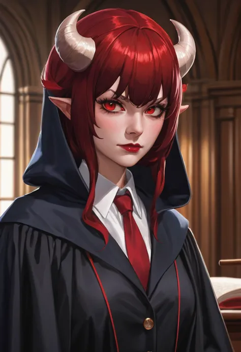 a picture of a female devil wearing barrister's wig and cloak in courtroom, a devilishly beautiful devil, ((anatomically correct...