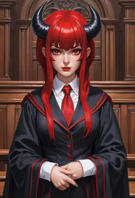 a picture of a female devil wearing barrister's wig and cloak in courtroom, a devilishly beautiful devil, ((anatomically correct...