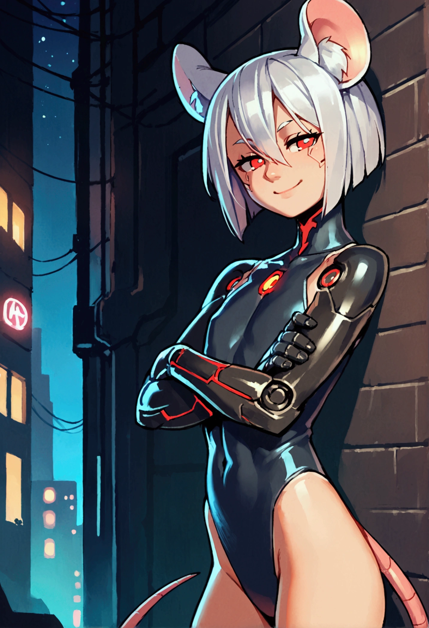 score_9, score_8_up, score_7_up, score_6_up, score_5_up, score_4_up, source_anime, outside, cyberpunk, city, night, sky, neon lights, cityscape, alley, side view, close-up, (hair between eyes:1.1), red eyes, half-closed eyes, smile, looking at viewer, solo, female, humanoid, mouse humanoid, tail, bob cut, silver hair, flat chested, black bodysuit, cybernetic arms, glowing, standing, against wall, crossed arms, robot features 