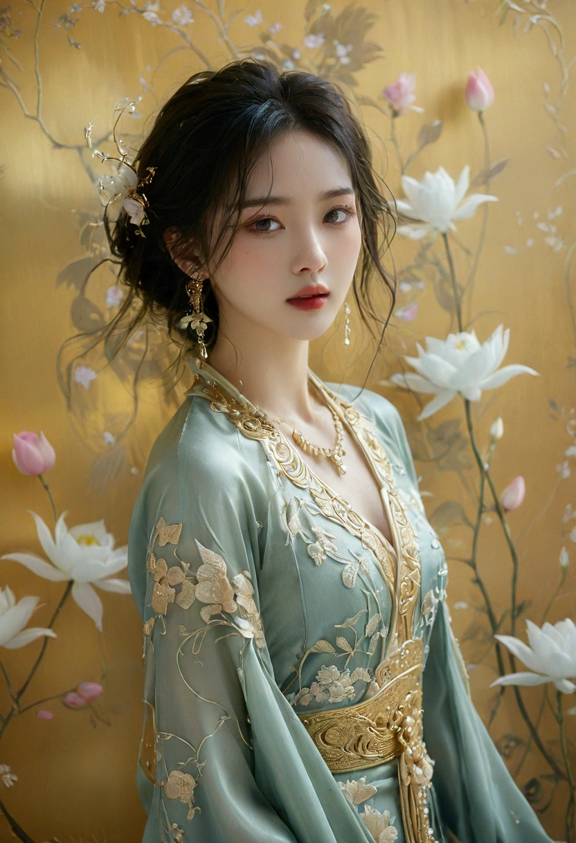 A picture of a very realistic, image of a beautiful Thai-Chinese woman, Elegantism, Art deco-inspired, jewelry design, smooth silk gold attire, goddess, Thai artistic, Full body shot standing front of soft pastel satin wall, blooming, surreal dreamscape painting --c 33 --s 999 --v 6.0 --iw 1.5 --ar 5:8