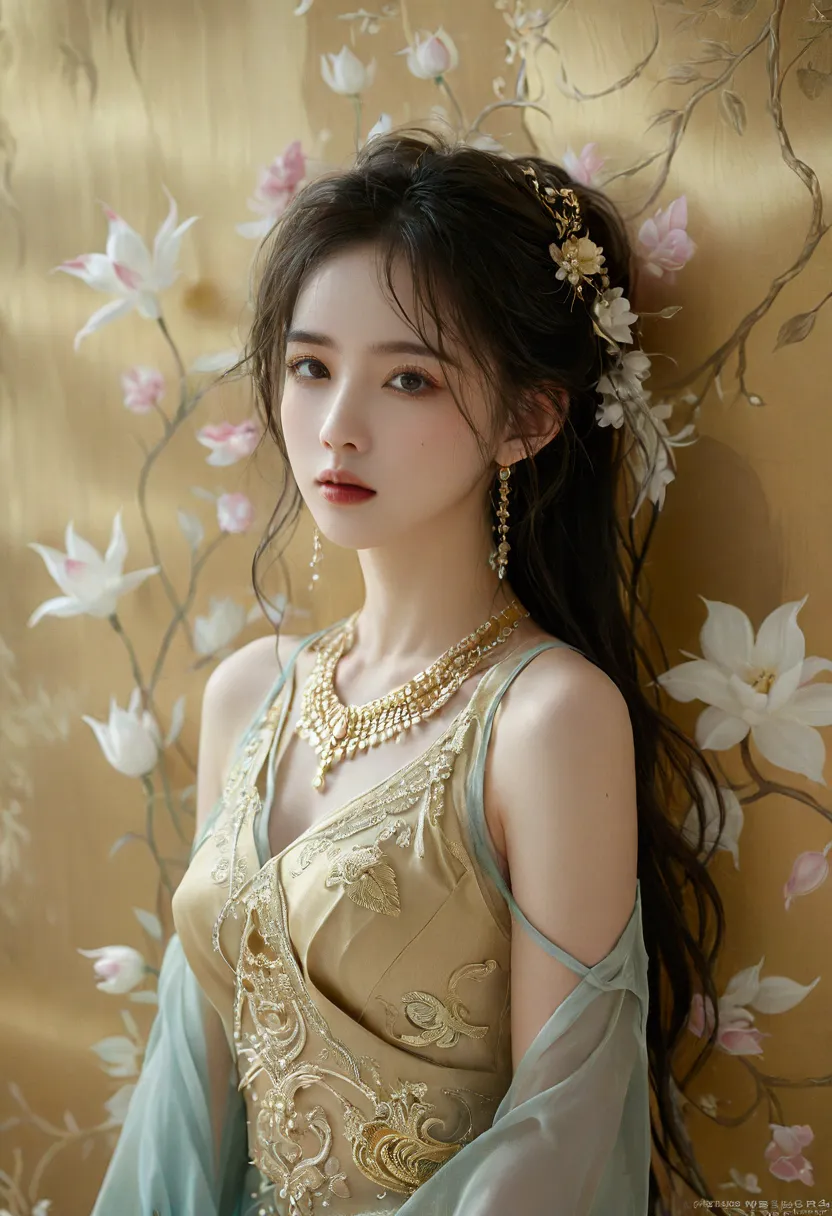 a picture of a very realistic, image of a beautiful woman, thai dress, elegantism, jewelry design, smooth silk gold attire, godd...