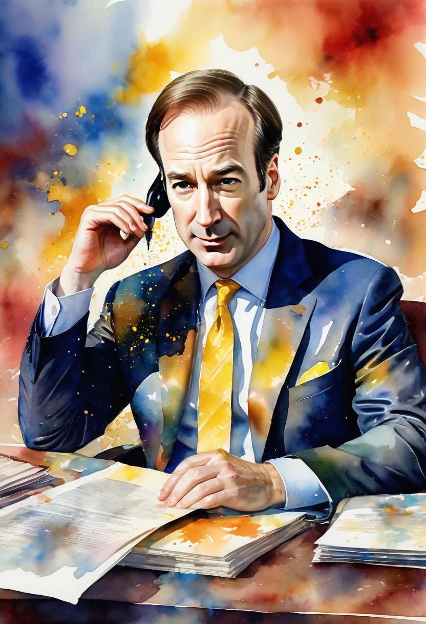 Watercolor painting of greedy lawyer Saul Goodman (Bob Odenkirk) Pictures that overlap with US documents, dramatic, Carne Griffith and Rembrandt, "Coquettish lawyers" Watercolor quick drawing, Stylized layered overlapping images, Disintegrating loose brushstrokes watercolor, Complex contrast, Soft volumetric lighting; V-Ray