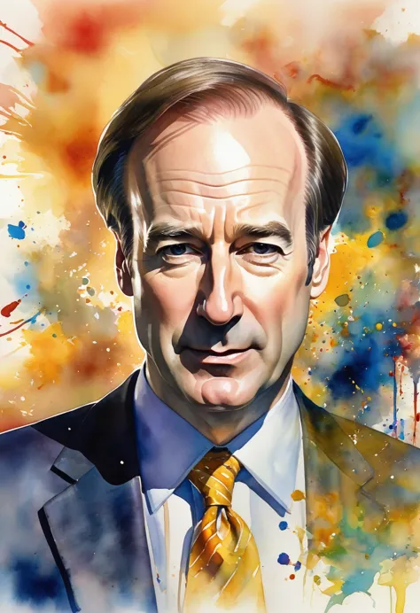 watercolor painting of greedy lawyer saul goodman (bob odenkirk) pictures that overlap with us documents, dramatic, carne griffi...