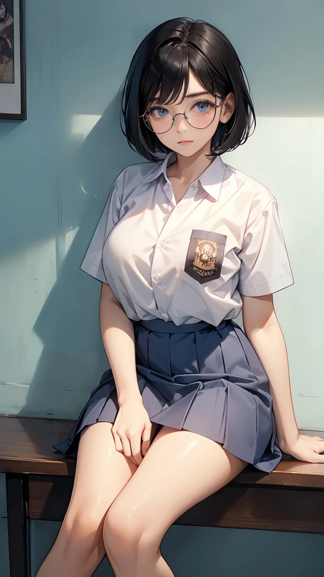 Best quality, 1 woman, 17 years old, (short bob haircut, black hair), scared face expression, plump body, blue eyes, Indonesian high-school uniform, (wearing transparent white shirt), osis logo on shirt pocket, huge XL breasts, light-grey pleated skirt, sitting down, seductive pose, full body shot, shy face, blush, looking_at_viewer, glasses, black-framed eyewear, in the classroom,