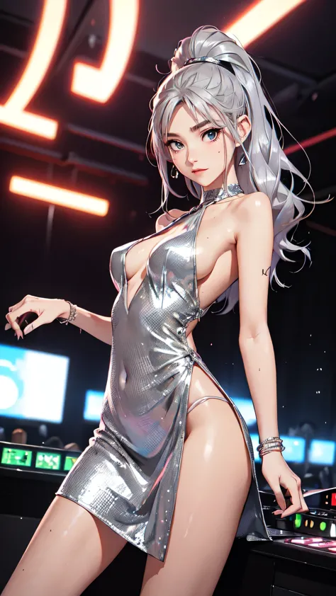 woman in a ((metallic dress)), ((dancing sensual)), ((in front of a dj), sexy dress, sexy girl, trending at cgstation, nightclub...