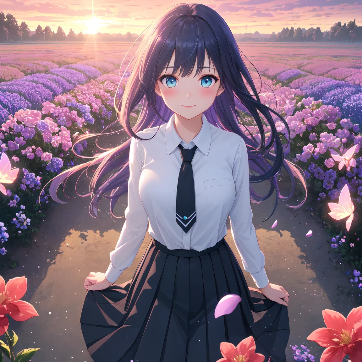 (( best quality, masterpiece, 4k, 8k, 16k, absurdrity, retina, High quality CG, Beautiful CG, Soft Light, Octane Rendering)), Ultra-Wide Angle, POV, anime style, 1girl, smile, blunt bangs, drooping eyebrows, aqua eyes, glowing eyes, violet hair, meadow, smile, long white shirt, black flowing pleated skirt, lace-trimmed skirt, black necktie, BREAK looking at viewer, blush, facing shot, sunrise backlighting, cloudy, purple and blue gradient sky, surrounded by glowing butterflies, award winning, vibrant colors, flowers flying, bloom, petals falling, cowboy shot, view from above, dreamy touch