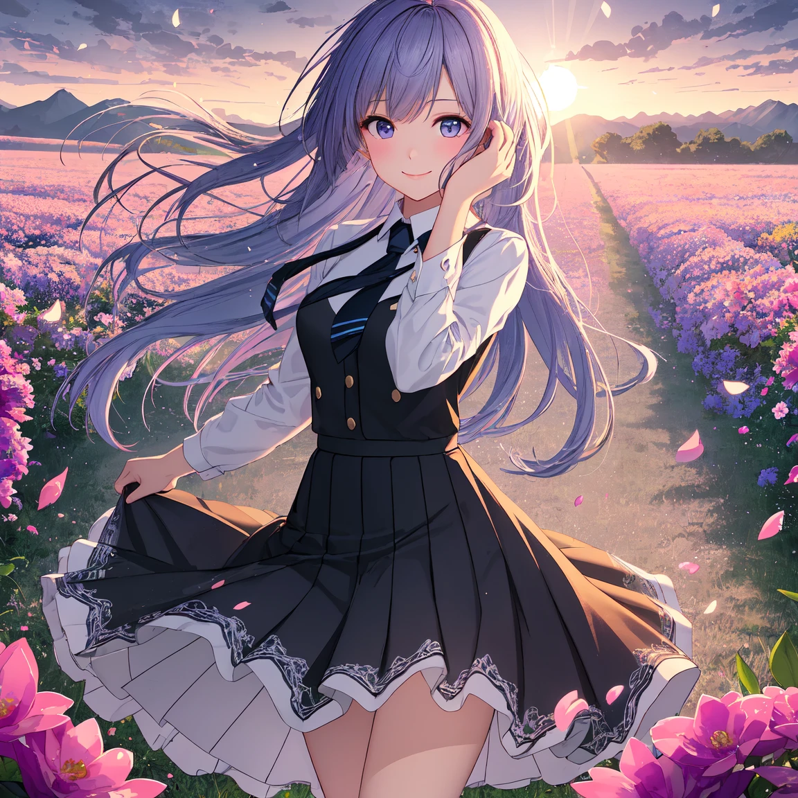 (( best quality, masterpiece, 4k, 8k, 16k, absurdrity, retina, High quality CG, Beautiful CG, Soft Light, Octane Rendering)), Ultra-Wide Angle, POV, anime style, 1girl, smile, blunt bangs, drooping eyebrows, aqua eyes, glowing eyes, violet hair, meadow, smile, long white shirt, black flowing pleated skirt, lace-trimmed skirt, black necktie, BREAK looking at viewer, blush, facing shot, sunrise backlighting, cloudy, purple and blue gradient sky, surrounded by glowing butterflies, award winning, vibrant colors, flowers flying, bloom, petals falling, cowboy shot, view from above, dreamy touch, wide arms open