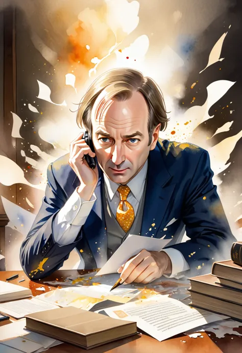 watercolor painting of greedy lawyer saul goodman (bob odenkirk) pictures that overlap with us documents, dramatic, carne griffi...